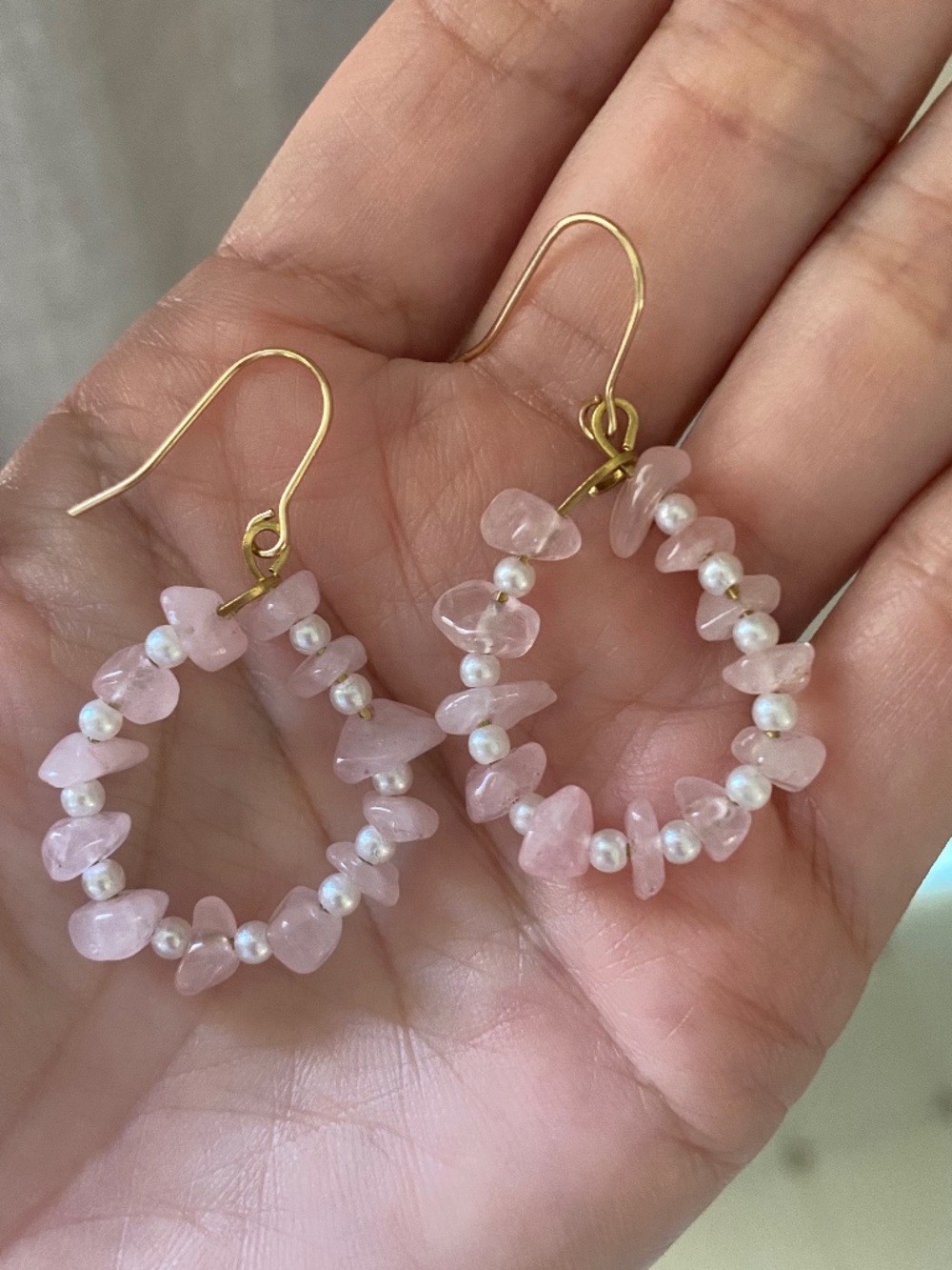 Handmade Rose Quartz Hoop Earrings - Picture 2 of 2